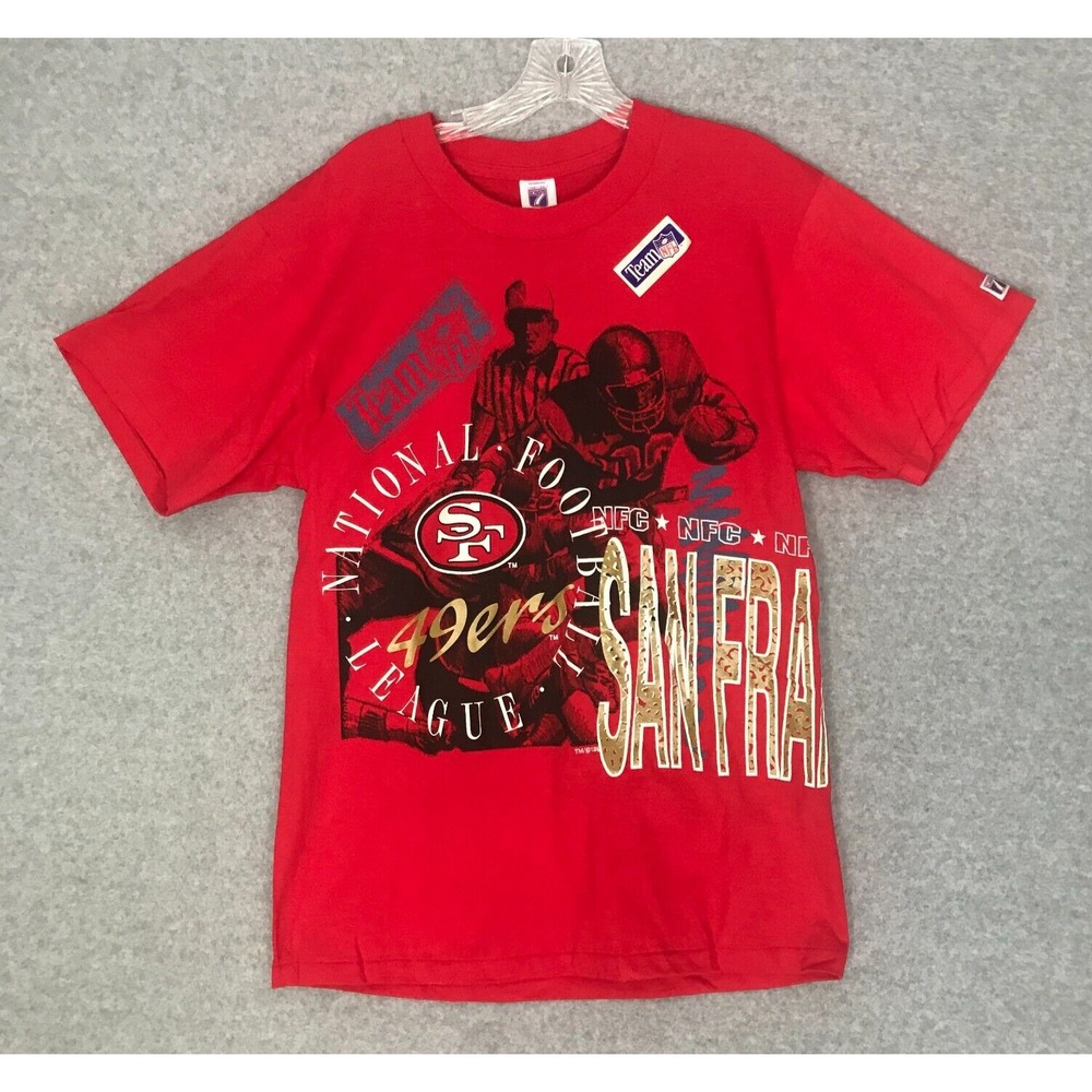 Vintage NEW Logo 7 San Francisco 49ers T Shirt Mens Medium Red AOP Single Stitch